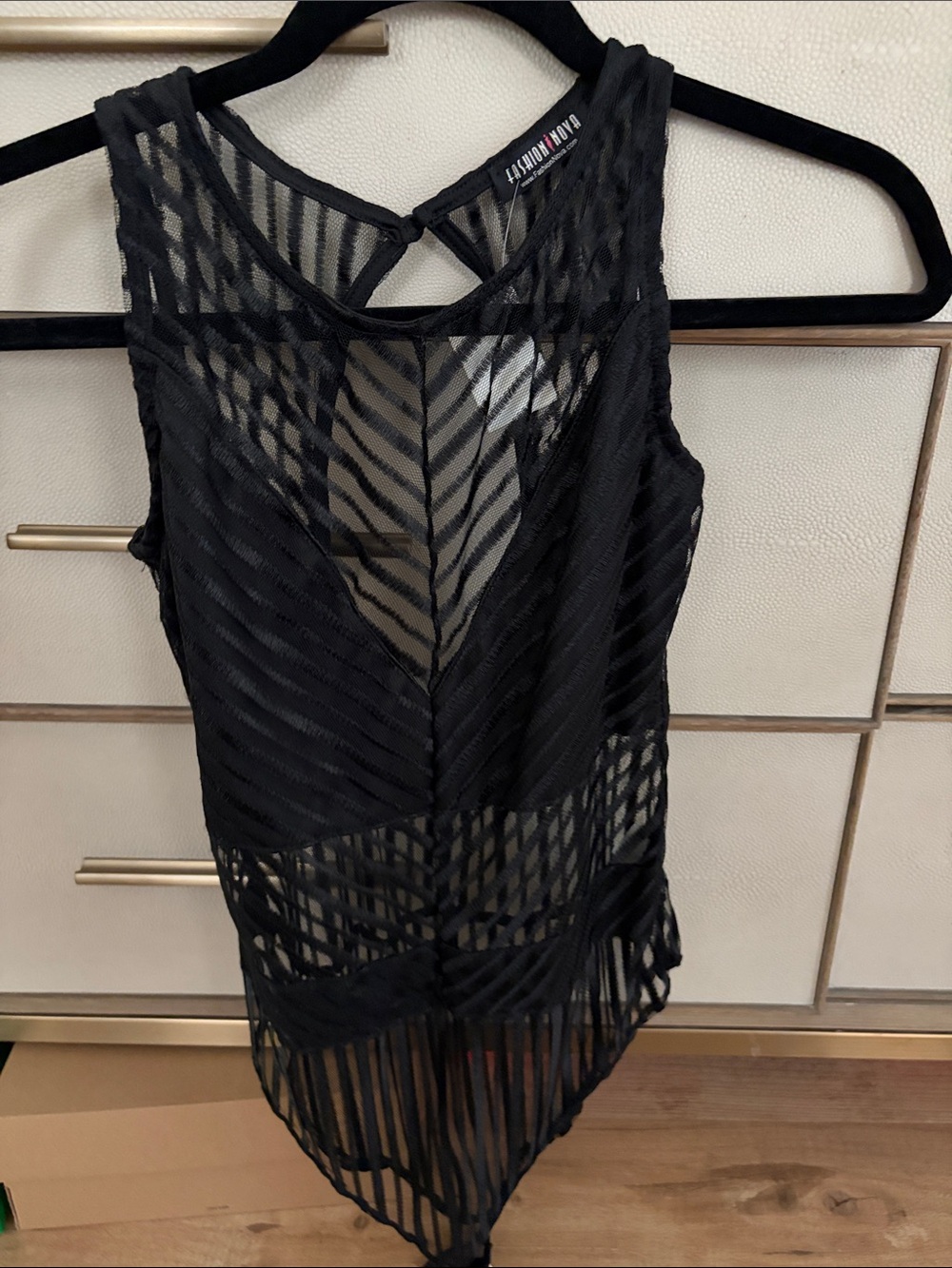 Fashion Nova Black Striped Sheer Mesh Bodysuit